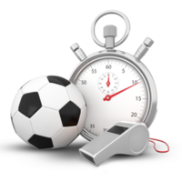 3d renderen voetbal bal, zilver fluiten en stopwatch png