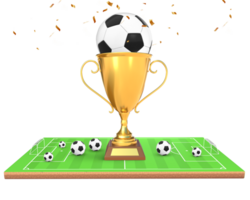 3d Rendern golden Trophäe mit Fußball Bälle auf Fußball Feld Vorderseite Aussicht png