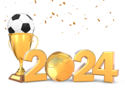 3d representación 2024 dorado texto con trofeo y fútbol pelota png