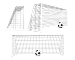 3d representación fútbol objetivo frente, lado delantero y lado ver png