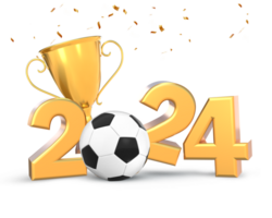 3d representación 2024 dorado texto con trofeo y fútbol pelota png