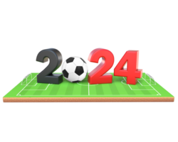 3d tolkning 2024 text med fotboll boll på fotboll fält främre se png