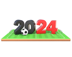 3d le rendu 2024 texte avec football Balle sur football champ de face vue png