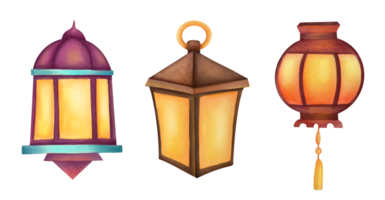 Hand gezeichnet Aquarell Jahrgang traditionell Laterne Clip Art Satz. Illustration Sammlung auf transparent Hintergrund. ausgeschnitten orientalisch Öl Lampe, Verbrennung warm. retro Antiquität Kerosin Lampe im Metall Rahmen png