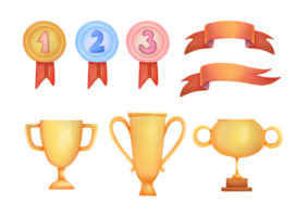 watercolor Golden Trophy cup, medals set, ribbons clip art, cut out illustration collection on transparent background. Champion trophy. award ceremony for winners of international sport competitions png