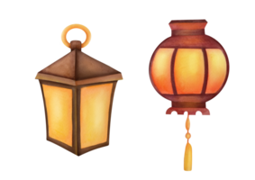 hand drawn watercolor Vintage traditional lantern clipart set. illustration collection on transparent background. cutout oriental oil lamp, burning warm. Retro antique kerosene lamp in metal frame png