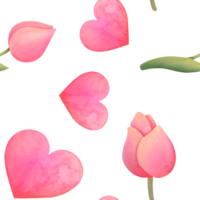 Watercolor delicate seamless pattern with pink tulips and cute hearts. perfect background for festive wrapping paper for Valentine's Day, international Women's Day, Mother's Day. Print for fabrics png