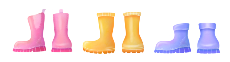 cortar afuera, acortar Arte recopilación. acuarela amarillo, rosa, púrpura linda caucho botas conjunto en transparente antecedentes. limpiar proteger desde humedad, lluvia, charcos para jardinería, granja. primavera, otoño hora png