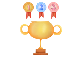 watercolor Golden Trophy cup, medals clip art, cut out illustration on transparent background. team games, individual competitions Champion trophy. award ceremony for winners of international sport png