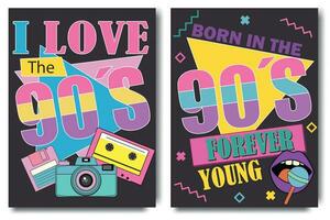 I Love 90s. Party 90s banner. 90's vibes graphic design template. Poster templates with happy nineties symbols, neo brutalism, gamepad and devices, headphones and other retro pop culture signs vector