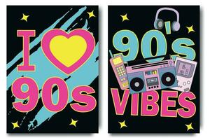 I Love 90s. Party 90s banner. 90's vibes graphic design template. Poster templates with happy nineties symbols, neo brutalism, gamepad and devices, headphones and other retro pop culture signs vector