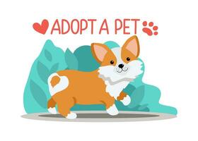 Adopt a dog. Cute cartoon homeless puppy on the street. Adopts pets and fosters them. Pet adoption concept. Text, inscription Adopt me. vector