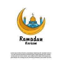 Ramadan kareem greeting card. Ramadan poster design with crescent moon and mosque hand drawn style vector