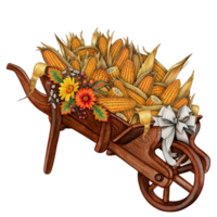 Watercolor hand drawn corn cobs wheelbarrow png