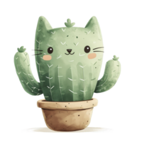 AI generated cartoon illustration of an cactus in the shape of a cat png