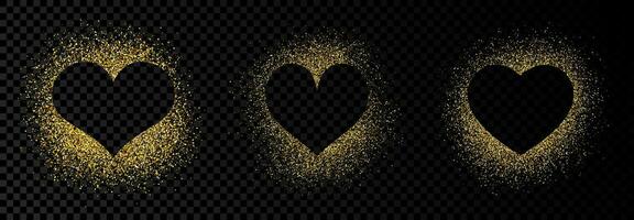 Set of three heart shape frames with golden glitter on dark transparent  background. Greeting card with empty dark background. Vector illustration.