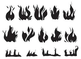 Set of fire flame vector icons. Fire silhouette illustration. Black and white image of fire.