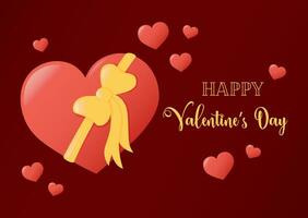 Happy Valentines Day greeting card. Vector illustration. Red heart with golden bow and text. Love symbols on background. Romantic Valentine Day February 14 poster