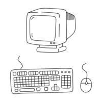 Monitor, keyboard and computer mouse in doodle style. Vector illustration isolated on white