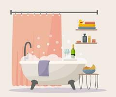 Stylish bathroom in flat vector style. Accessories shampoo, shower gel, soap, shelf, stool, vase, towel. Romance with your loved one.