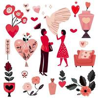 conjunto de elementos para San Valentín día. corazón, auto, pelotas, flores, guirnalda, dulces en un blanco antecedentes. amor pegatinas conjunto vector