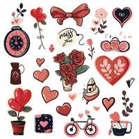 conjunto de elementos para San Valentín día. corazón, auto, pelotas, flores, guirnalda, dulces en un blanco antecedentes. amor pegatinas conjunto vector