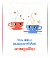 Cartoon teacups couple looking at each other vector