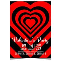 Valentine's party invite banner or poster with hypnotic abstract red hearts on black background. Invitation to celebrate the Feast of Saint Valentine on February 14 in disco night club. vector
