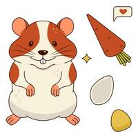 Cute orange and white hamster, carrots, corn kernels, pumpkin seed, sms. Isolated on a white background. vector