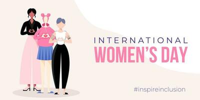 International Women's Day banner, poster. Inspire inclusion campagne. Group of women in different ethnicity, age, body type, abilities, hair color and more. Vector illustration in flat style.