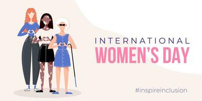 internacional De las mujeres día bandera, póster. inspirar inclusión campaña grupo de mujer en diferente etnicidad, edad, cuerpo tipo, habilidades, pelo color y más. vector ilustración en plano estilo.