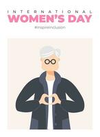 International Womens Day poster. Inspire inclusion 2024 campaign. Hand drawn vector illustration of woman in faceless flat style.