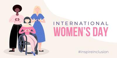 International Women's Day banner, poster. Inspire inclusion campagne. Group of women in different ethnicity, age, body type, abilities, hair color and more. Vector illustration in flat style.