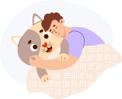 Sleeping man hugs large cat toy png