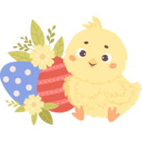 little chick with Easter eggs and flowers png