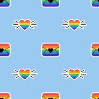 Seamless Pattern with Love message, envelope with heart in LGBT flag colors. Rainbow color mail icon. Texture with LGBT stickers in doodle style. LGBTQ, LGBT pride community Symbol. vector