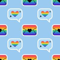 Seamless Pattern with Love message and envelope with heart in LGBT flag colors. Rainbow color mail icon. Texture with LGBT stickers in doodle style. LGBTQ, LGBT pride community Symbol. vector