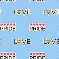 Seamless pattern with Word PRIDE with hearts, word LOVE with rainbow colored heart. LGBT sticker in doodle style. LGBTQ, LGBT pride community Symbol. Vector illustration.