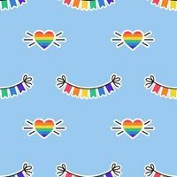 Seamless Pattern with Rainbow colored flags, garland and heart. LGBT sticker in doodle style. LGBTQ, LGBT pride community Symbol. Vector illustration.