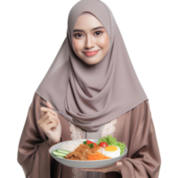 AI generated a Muslim woman in a hijab holds a plate of food on a transparent background png
