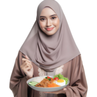 ai generiert ein Muslim Frau im ein Hijab hält ein Teller von Essen auf ein transparent Hintergrund png