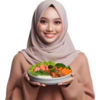 AI generated a Muslim woman in a hijab holds a plate of food on a transparent background png