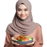 AI generated a Muslim woman in a hijab holds a plate of food on a transparent background png