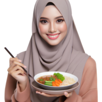 AI generated a Muslim woman in a hijab holds a plate of food on a transparent background png