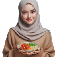 ai généré une musulman femme dans une hijab détient une assiette de nourriture sur une transparent Contexte png