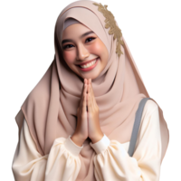 ai generato un' musulmano donna indossare un' hijab con sua mani scusandosi con un' sorridente viso png