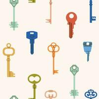 Background of different types door keys. Different types, sizes. Colored house keys background. Background, wallpaper, wrapping paper, poster template. vector