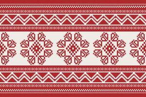 Folk embroidery cross stitch floral border pattern. Ethnic red-white geometric floral seamless pattern. Folk floral embroidery pattern use for textile, home decoration elements, upholstery, etc vector