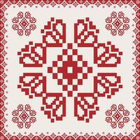 Folk embroidery cross stitch floral motif pattern. Ethnic red-white geometric floral motif pattern. Folk floral embroidery pattern use for textile, home decoration elements, upholstery, etc. vector