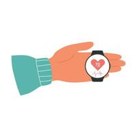 Male hand with hartbeat rate tracker app on smart watch screen. Pulse heart care vector